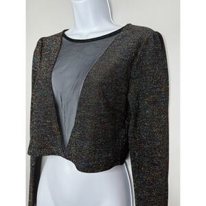 Forever 21 Rave Crop Top L Metallic Glitter Long Sleeve Mesh Plunge Y2K Festival